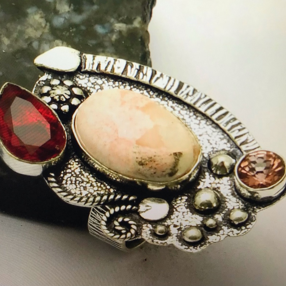 Scolecite Garnet Stamped 925 Sterling Silver Ring